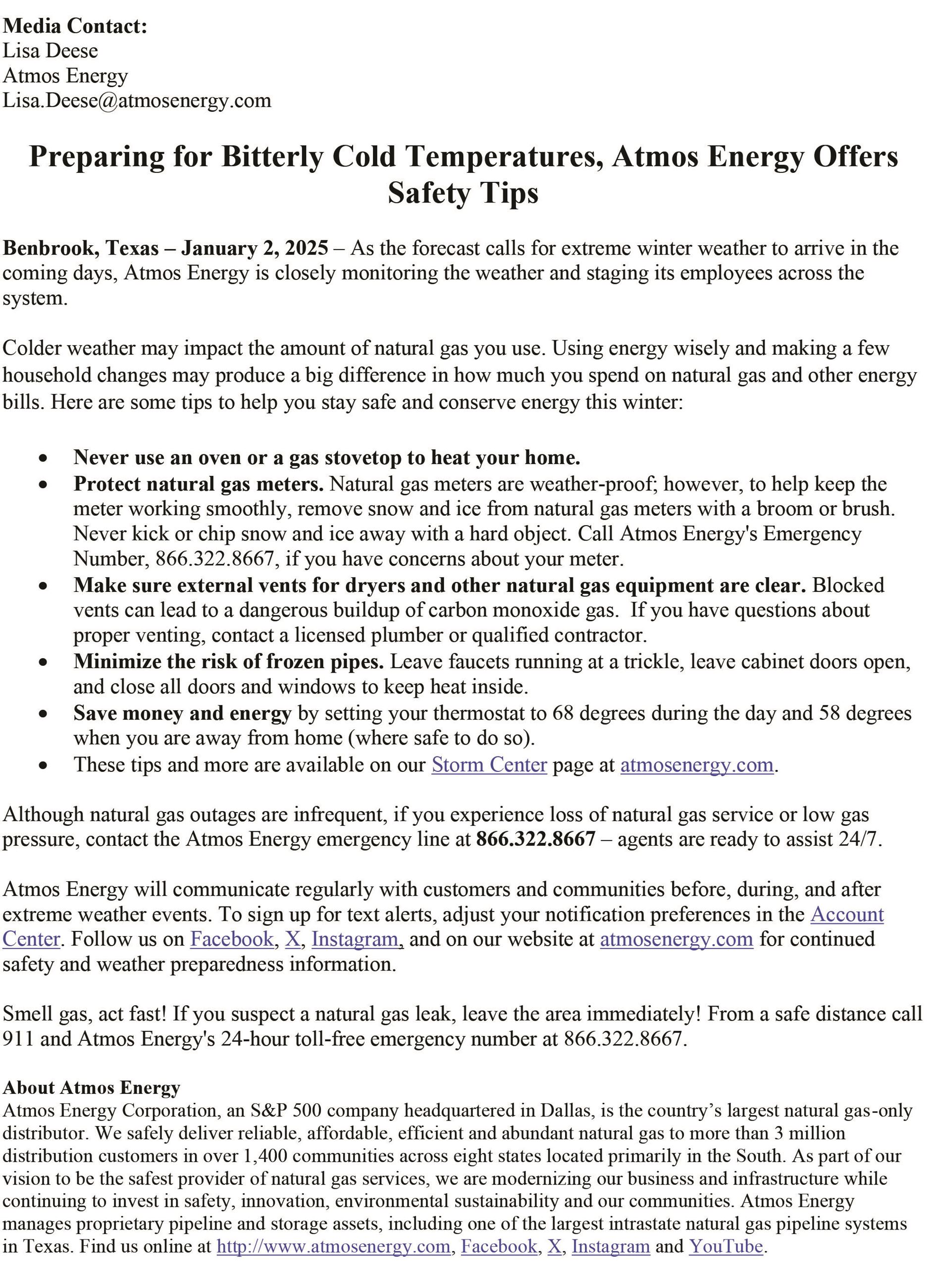 Benbrook Press Release - Atmos Energy Preparing for Upcoming Winter Weather Event